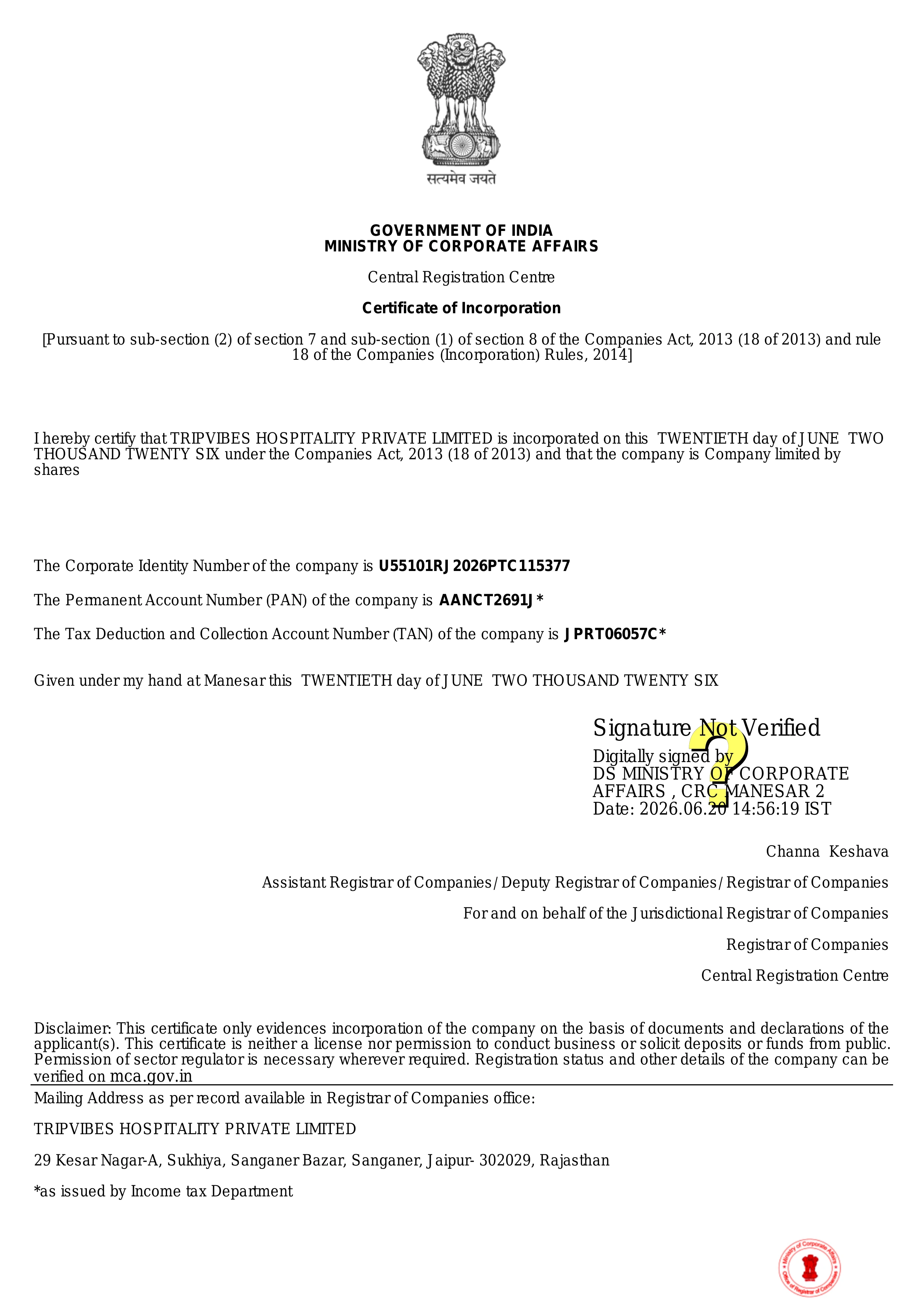 Ministry of Corporate Affairs — Approval